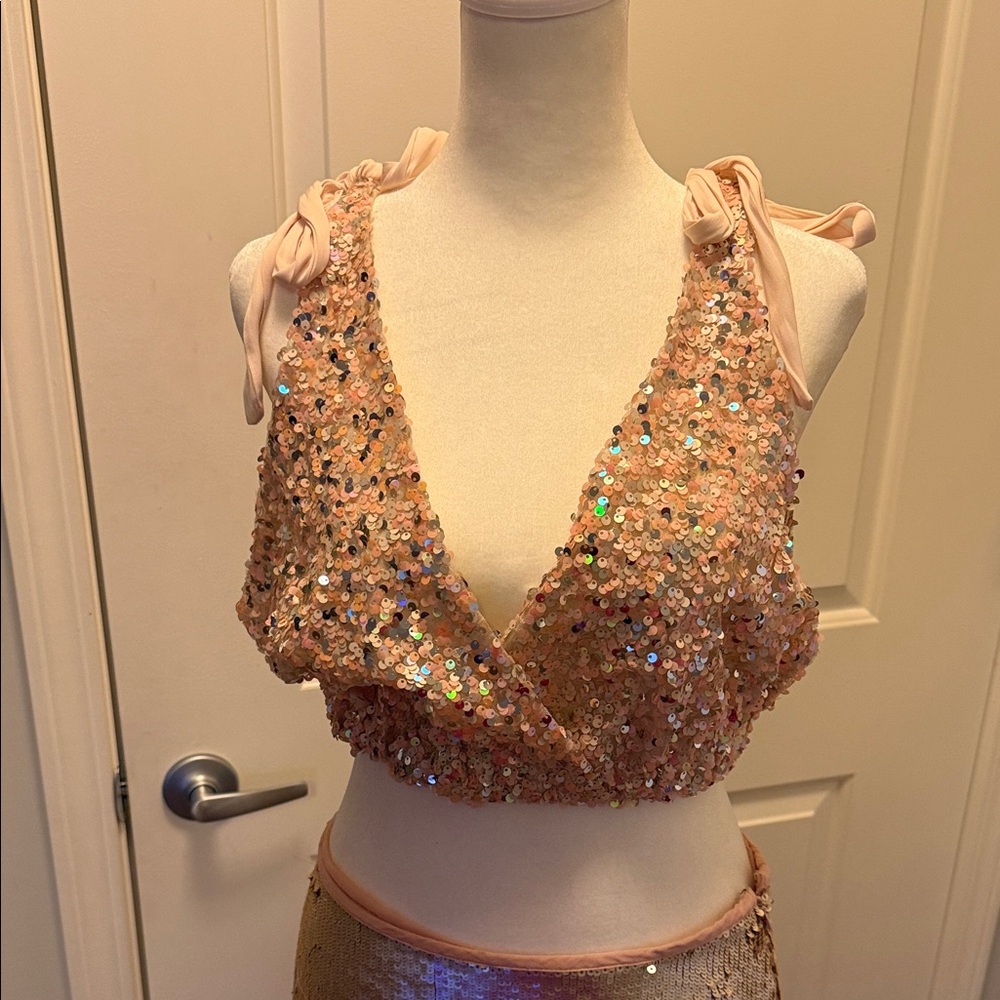 Free People Sequin Peach Crop Top